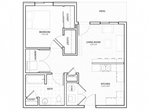 Floor plan for 1 bed, 1 bath, 653 sqft